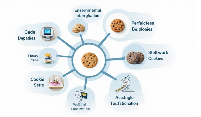 A stylized diagram showing different types of cookies (essential, performance, functionality, targeting) as interconnected nodes, illustrating their various roles in website operation. Modern and clean design. No text.