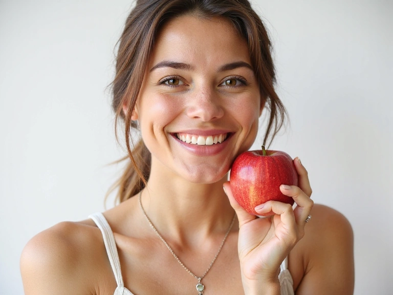 Γυναίκα που χαμογελάει μετά από απώλεια βάρους, κρατώντας ένα μήλο