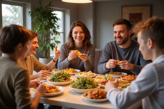 Μια οικογένεια να γελάει και να τρώει υγιεινά γεύματα μαζί στο τραπέζι